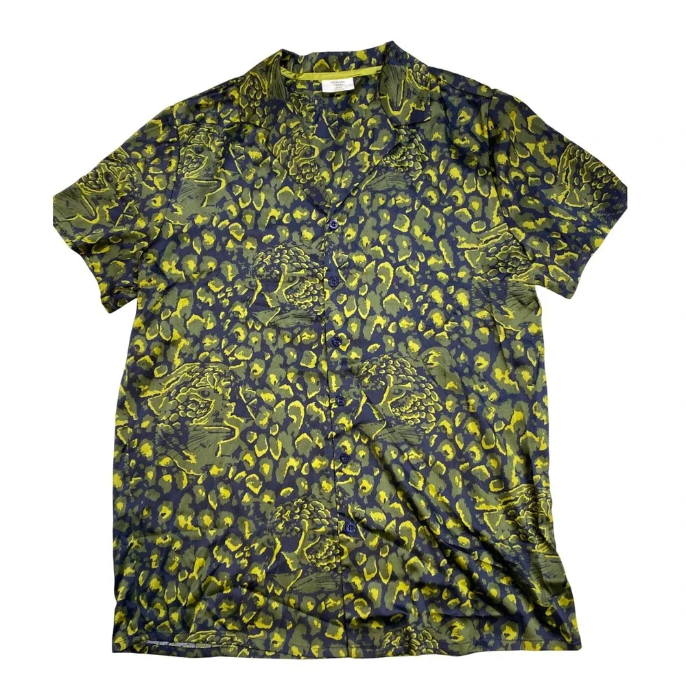 Chelsea Peers Pajama Set‎ Womens Small Green Navy Leopard Print 2pc Sleepwear